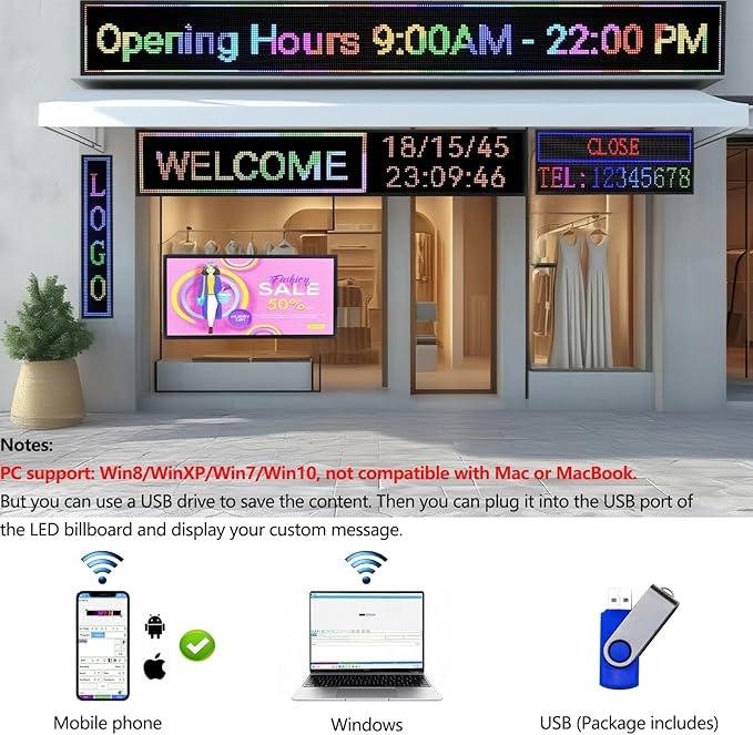 Outdoor P10 LED Scrolling Programmable Sign 77"x14", Bright High Visibility Digital Led Signage Displays, Message Signs for Business, Restaurant, Window Shop