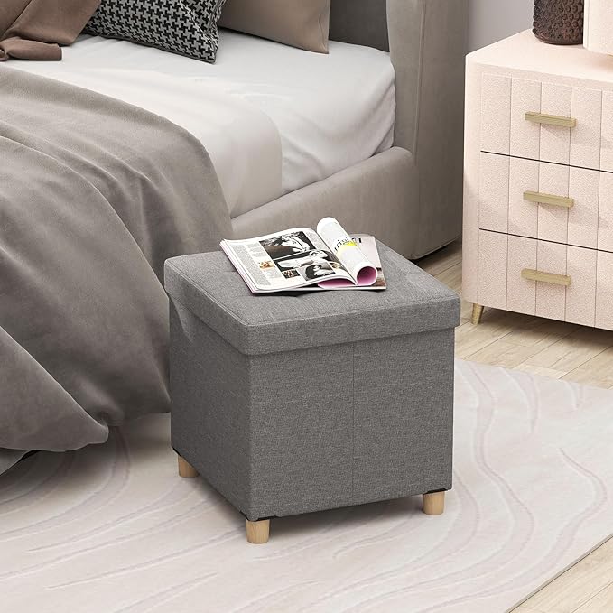 GOFLAME 18 Inches Storage Ottoman, Linen Fabric Cube Footstool with Rubber Wood Legs, Side Table with Flip Top Tray, Square Foot Rest Stool, Shoe Changing Stool for Living Room, Bedroom, Entryway