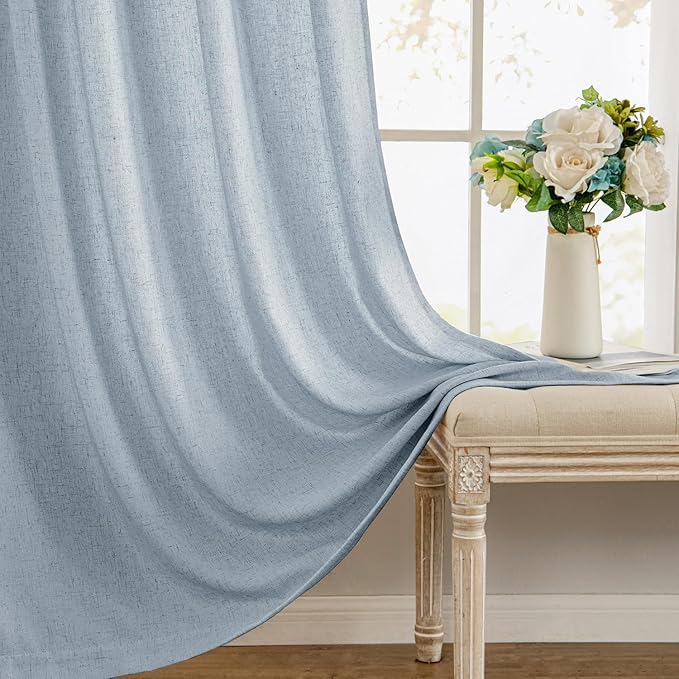 MIULEE Non-See-Through Privacy Linen Curtains 2 Panels, Chambray Blue Light Filtering Window Curtains Farn House Textured Back Tab Semi Sheer Drapes for Bedroom Living Room 96 Inches Long Light Blue
