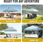 CROWN SHADES 10x10 Pop Up Canopy - Beach Tent with One Push Setup - Easy Outdoor Sun Shade for Events, Parties, Camping - Gazebo with STO-N-Go Cover Bag, Silver Coated Top, Cyan Blue Stripes