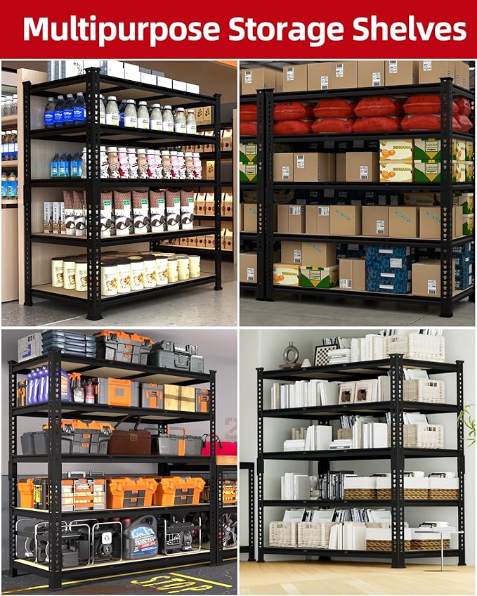 PrimeZone Heavy Duty Garage Storage Shelves - 48" W X 24" D X 72" H Adjustable Metal Shelving Unit, 5 Tier Industrial Shelves for Storage Standing Utility Rack for Warehouse, Basement, Black, 8 Pack