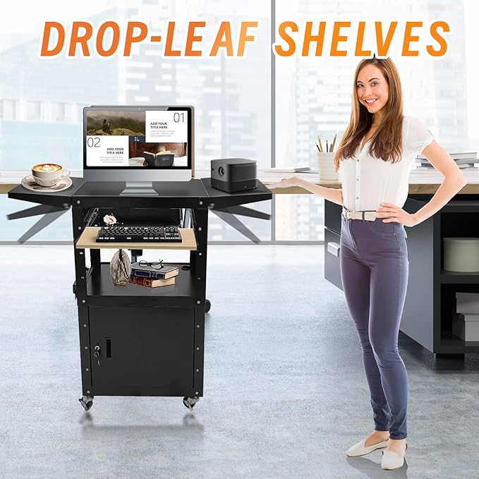 AV Cart, Steel AV Cart with Locking Cabinet and Pullout Keyboard Tray, Adjustable-Height Rolling Media Cart with Wheels & Power (43”x18”x43”)
