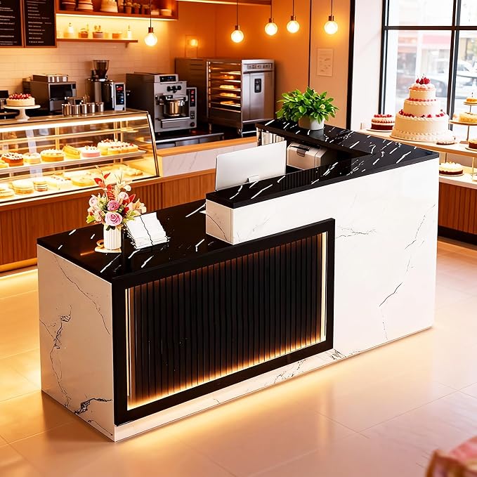 L-Shaped Reception Desk with Counter LED Light and Lockable Drawers and Storage Tall Modern Front Desk Reception Counter for Checkout Lobby Beauty Salon D Left 63inch/160cm