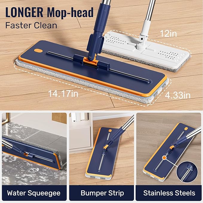 Mop and Bucket Set with Wringer, 3-Tank Flat Mop and Bucket System, Wall Mop Cleaner with Long Handle, Hands Free Mops for Floor Cleaning with 6 Microfiber Pads
