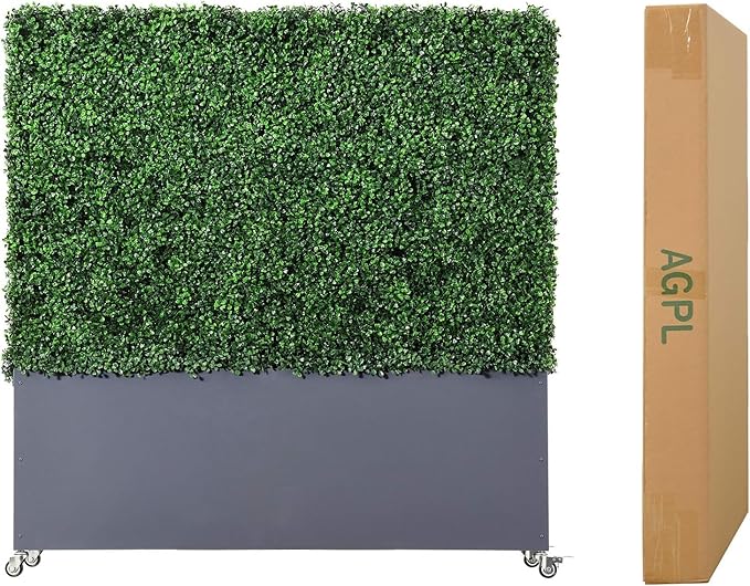 AGPL Upgraded Artificial Hedge Wall with Dark Gray Color Stainless Steel Planter Box and Caster. Moveable Privacy Decorative Wall 48" W x12“D x 51“H …