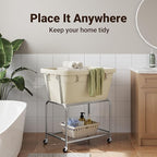 ELYKEN Laundry Cart with Wheels, Rolling Laundry Hamper with Removable Bag and Shelf, Metal Frame Laundry Basket with 4 Casters and 2 Brakes, Ideal for Bedroom, Bathroom, Laundry Room, Cream