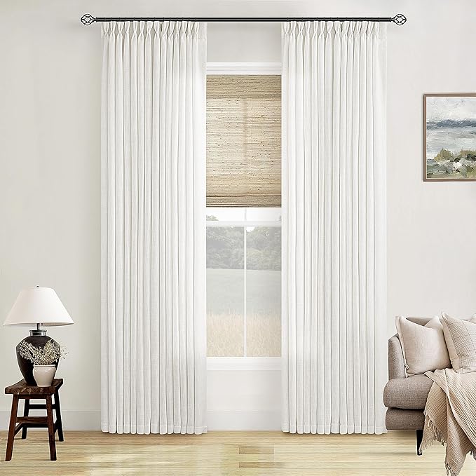 Beige White Pinch Pleated Linen Curtains 2 Panels 105 Inches Long for Living Room Bedroom Memory Shaped Semi Sheer Pleat Drapes with Hooks Rings Light Filtering Window Curtain 40x105