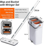 CTIME Large Mop and Bucket Set, Flat Mop and Bucket System, Wall Mop with Adjustable Handle (Max 74 Inches), Mops for Floor Cleaning, 6 Washable 15.74'' Microfiber Mop Pads