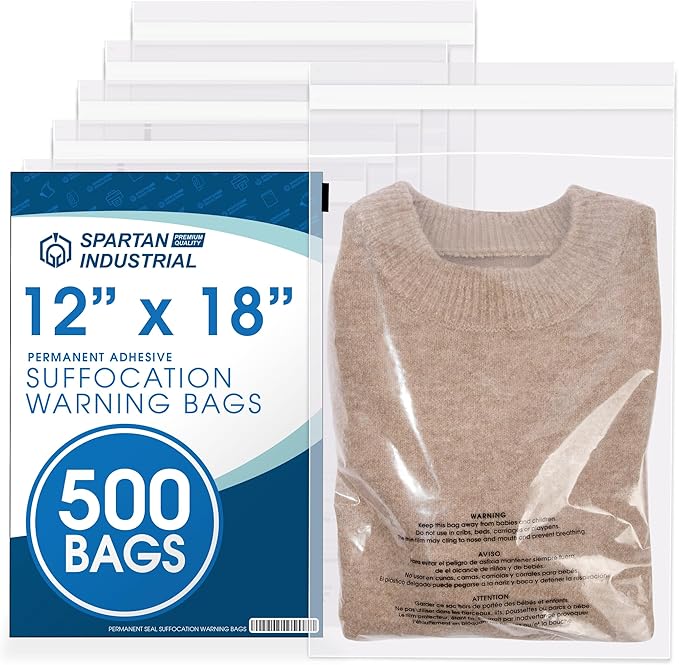 Spartan Industrial - 12" X 18" (500 Count) Self Seal Clear Poly Bags with Suffocation Warning for Packaging and Clothes - Permanent Adhesive