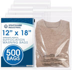 Spartan Industrial - 12" X 18" (500 Count) Self Seal Clear Poly Bags with Suffocation Warning for Packaging and Clothes - Permanent Adhesive