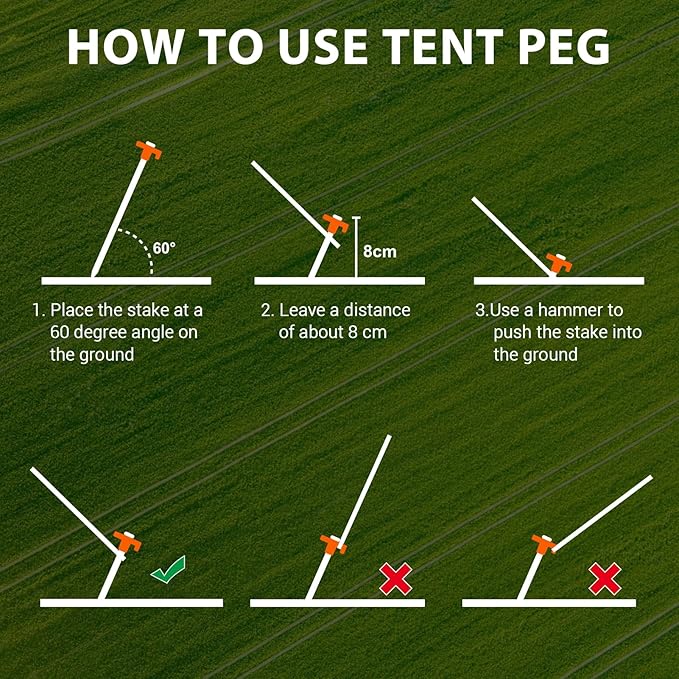 Eurmax USA Galvanized Non-Rust Camping Family Tent Pop Up Tent Stakes Canopy Anchors Heavy Duty 10pc-Pack, with 4x10ft Ropes & 1 Orange Stopper