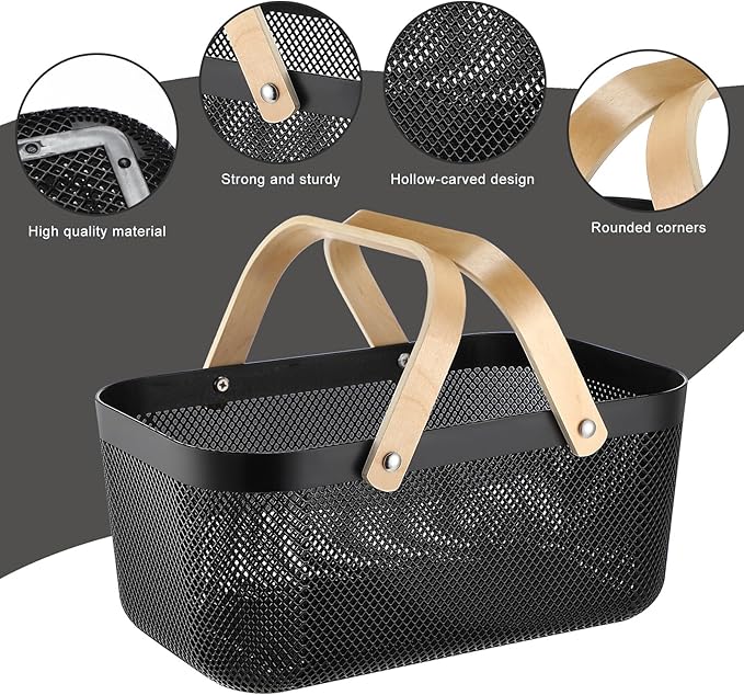 Sadnyy 4 Pcs Plastic Mesh Garden Harvest Basket Storage Basket with Wooden Handle Multi Functional Mesh Bin for Kitchen Cabinet Picnic Fruit Vegetable Gathering Organizer(Large,Black)