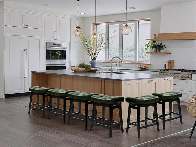Counter Height Bar Stools Set of 4 for Kitchen Counter Farmhouse Modern Barstools with Faux Leather Upholstered Backless Seat and Solid Wood Legs 24 inch Bar Chairs, Green + Black