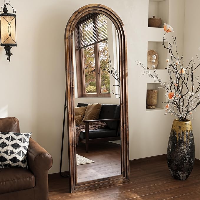 Arched Full Length Floor Mirror 63"x21", Triple-Layer Solid Wood Frame, Rustic Farmhouse Full Body Mirror with Stand for Bedroom, Entryway & Living Room, Walnut Finish