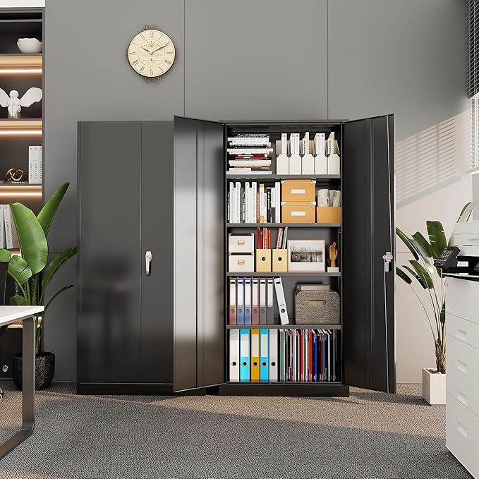 Superday Metal Storage Cabinet with Lock, 72" H Garage Storage Cabinet with Doors and 4 Adjustable Shelves, Black Steel Locking Cabinets for Office, Home, Garage, Gym, School