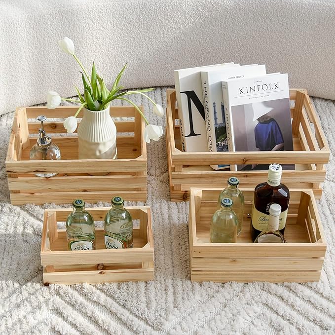 Large Wooden Crates Unfinished Set of 4 Decorative Storage Box with Handles, Rustic Farmhouse Wooden Crates for Display, Living Room Container Basket Box for Kitchen, Pantry, Bedroom