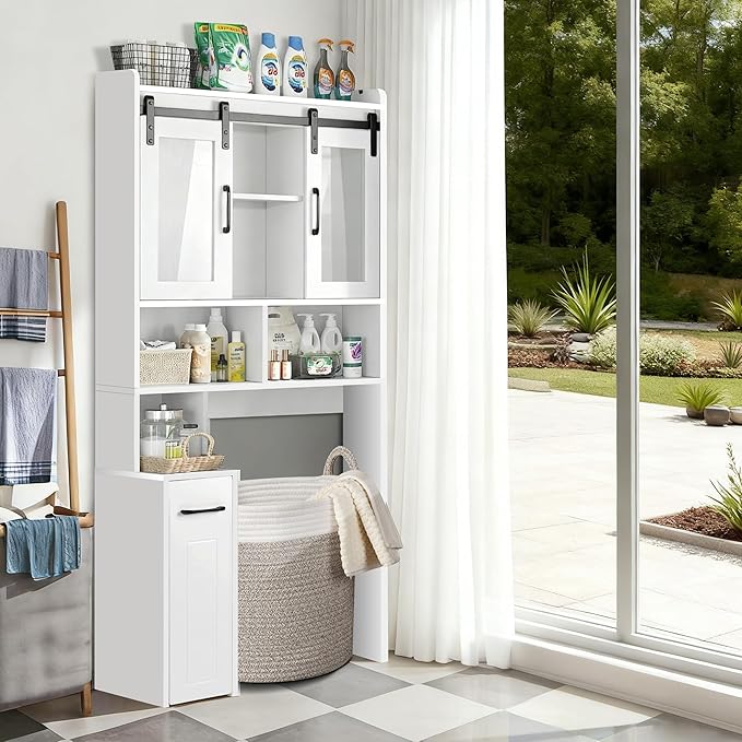 Extendable Rolling Drawer-Style Toilet Storage Cabinet. Conveniently Mobile. Sliding Storage Doors. Adjustable Shelving. Compact Bathroom Storage. Toilet Paper Holder. Bathroom, Toilet, Laundry Room