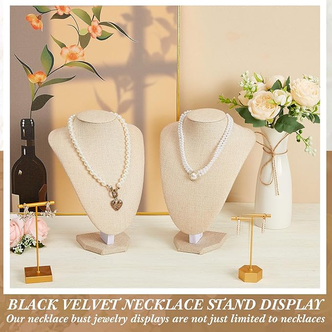 6 Pcs Necklace Display Stand Necklace Holder Jewelry Bust Display Stands for Selling Home Store Trade Shows Photography Props Retail(Flaxen,Linen)