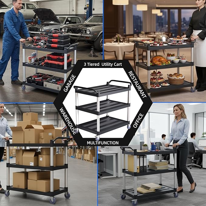 Utility Cart with Tangle-Free Wheels, Large Size 3 Tier Rolling Service Cart with Wheels(2 with Brakes), Heavy Duty 450 Lbs Capacity,Commercial Serving Cart for Home, Office, Restaurant, Warehouse.