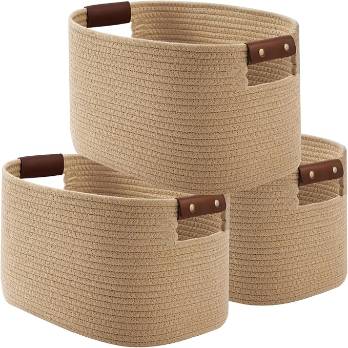 Cotton Rope Basket, Storage Baskets with Handle, 15x10x9 Inch Woven Basket for Shelves, Laundry, Towels, Clothes, Books (Jute/Brown 3Pack)