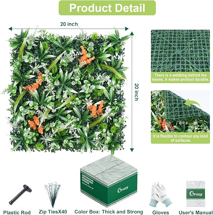 20"X20" Artificial Boxwood Panels, 12PCS Grass Wall Hedge Panels UV-Protected Greenery Privacy Hedge Screen, Grass Backdrop Wall for Indoor Outdoor Patio Balcony, Party Garden Fence Decor