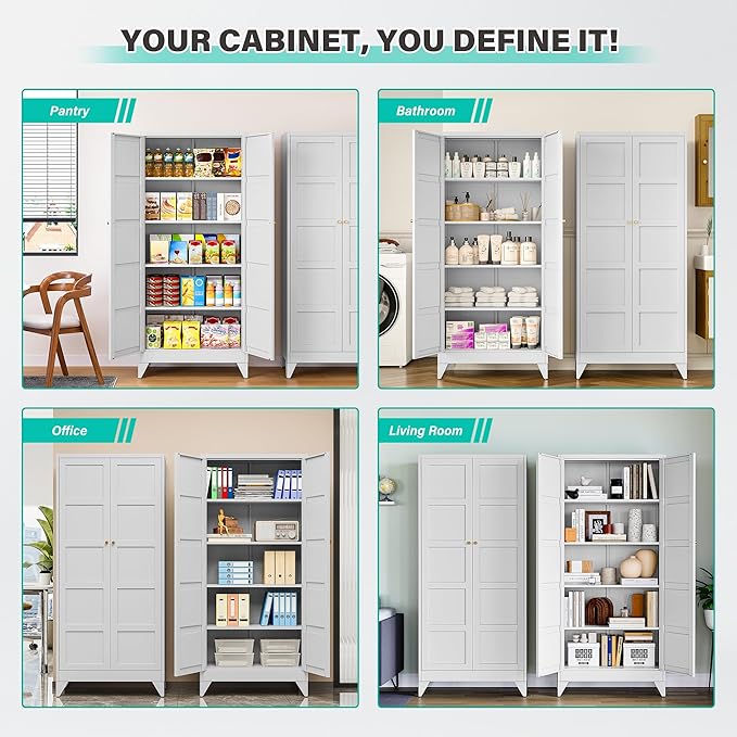 SISESOL Wide & Deep Metal Storage Cabinet with 2 Doors and 5 Shelves,72 inch Tall Pantry Storage Cabinet,Large Cupboard Closet,White Cabinets for Home,Kitchen,Bathroom,Dining/Living Room