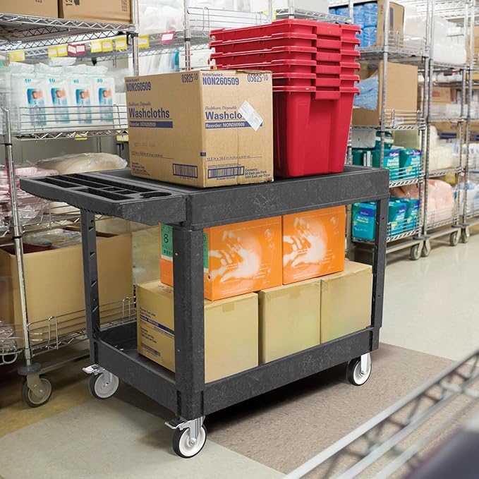 Heavy Duty Utility Rolling Tool Cart, 1000 lbs Capacity Flat Top Plastic Utility Service Cart with Two Trays and Wheels, 46 x 26-Inch Work Cart for Storage, Garage, Warehouse, Workshop, Black