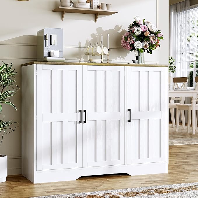 Farmhouse Sideboard Buffet Cabinet with Doors, 42.5" Kitchen Storage Cabinets for Hallway, Living Room (Classical White)
