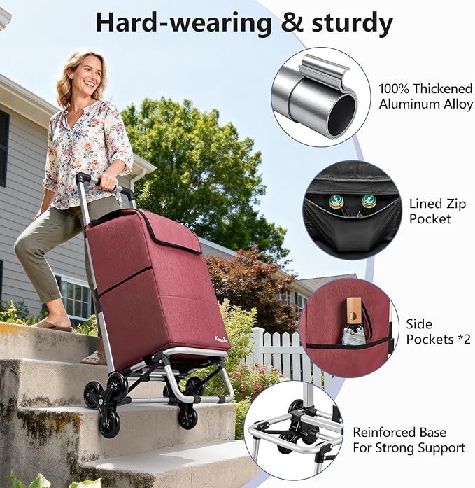 KEDSUM 2 in 1 Aluminum Alloy Stair Climbing Cart, 300LBS Grocery Cart on Wheels, Foldable Shopping Carts with Waterproof Oxford Red Bag for Groceries, Lightweight & Durable Aluminum Frame