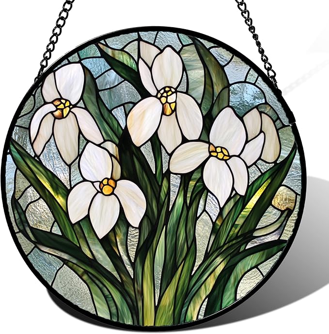 Stained Glass Window Hanging - White Green Snowdrops Flowers Suncatcher for Doors Garden Patio Sun Catchers Decor Christmas Mother's Day Birthday Gifts for Women Men Mom Nana Friend 15 in