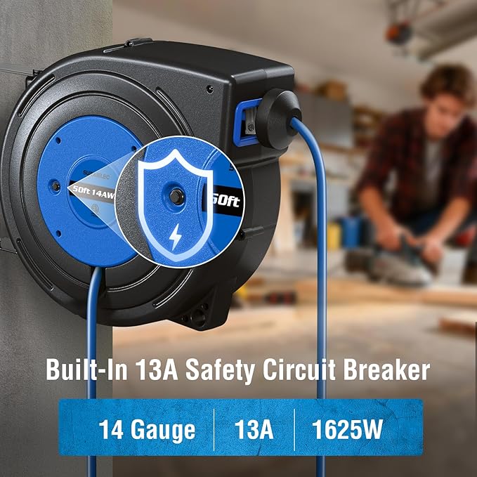 SURAIELEC 50FT Retractable Extension Cord Reel, 14AWG/3C SJTOW Heavy Duty Power Cord with Lighted Triple Tap, 13A Circuit Breaker, Ceiling/Wall Mount for Garage, Shop, Workshop, ETL Listed, Blue