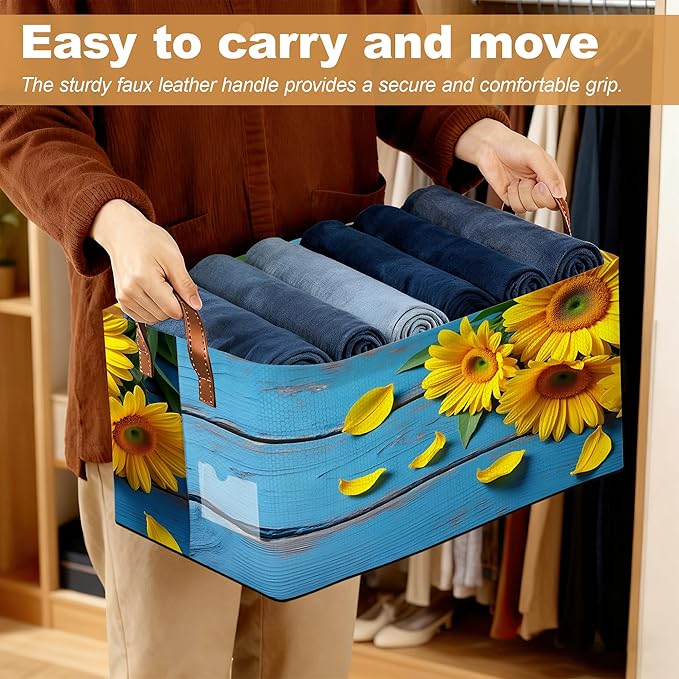 Storage Bin with Handles, Sunset Sunflower Collapsible Laundry Baskets for Books, Laundry - Use in Nursery, Closet Organizers and Storage, Blanket Basket
