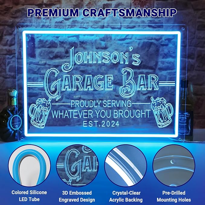 Custom Garage Bar Neon Sign for Man Cave Home Bar Décor, Personalized LED Light Customizable Name Bar Signs Unique Gifts for Men Dad Husband Beer Lover (Multiple Sizes & Colors)
