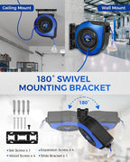 Retractable Cord Reel, 75 FT Heavy Duty Extension Cord, 14AWG/3C SJTOW, 3 Grounded Outlets Lighted Triple Tap, 10A Circuit Breaker, Wall/Ceiling Mounted, UL Listed, Blue U75CR06