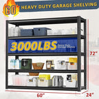 60" W Garage Shelving Heavy Duty,5 Tier Storage Shelves,3030LBS Adjustable Shelf Unit, Metal Garage Shelving for Warehouse Industrial Basement, 72" H × 60" W × 24" D, Black