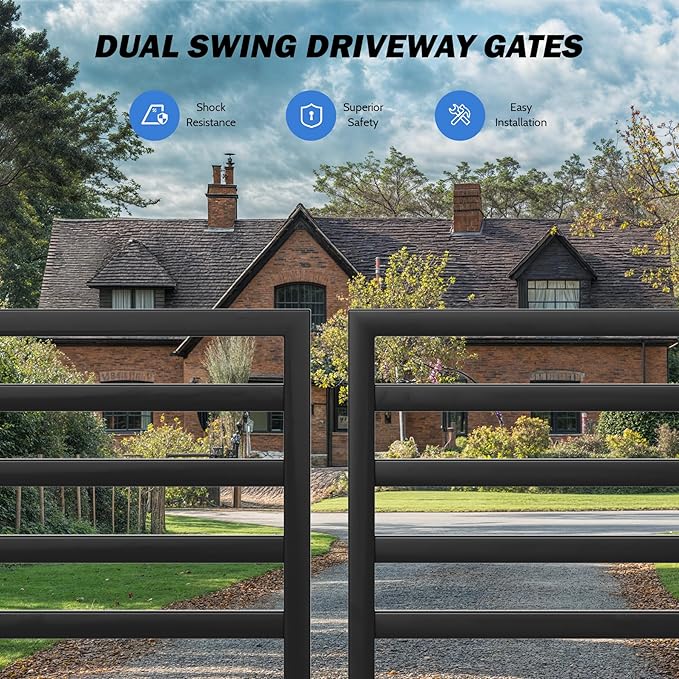 ZUMI Dual Swing Driveway Gate, 16x6 ft. Outdoor Steel Fence for Home Security, Heavy-Duty Weatherproof Iron Kit, Brooklyn Style