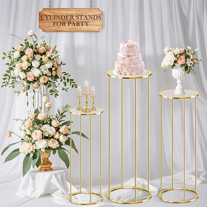 3PCS Gold Metal Cylinder Pedestal Stands - Round Plant Display Columns for Party Decor, Floral Arrangements, Vase Displays, Birthday Wedding Backdrop Decorations