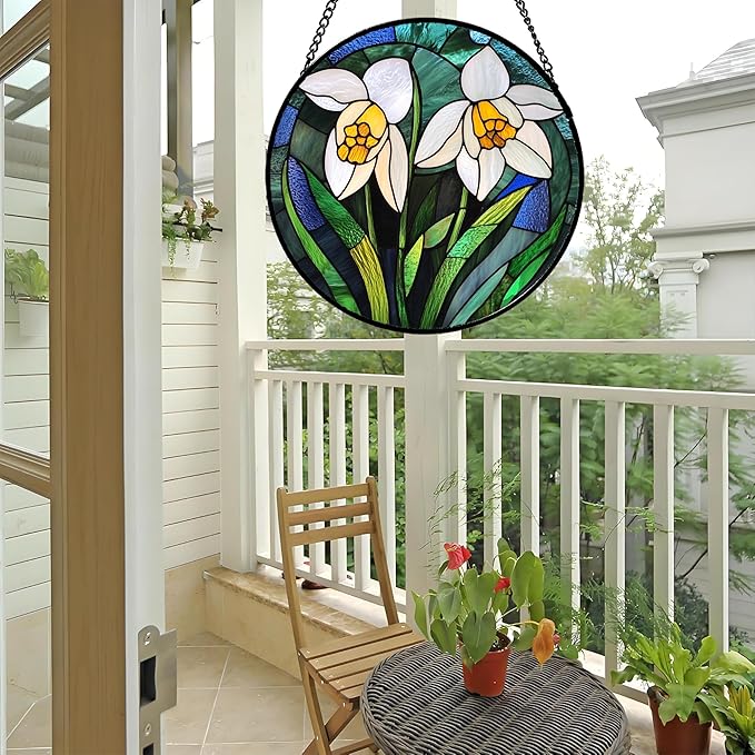 Stained Glass Window Hanging - White Snowdrops Birth Flowers Suncatcher for Doors Garden Patio Sun Catchers Decor Christmas Mother's Day Birthday Gifts for Women Men Mom Nana Friend 9.8 in