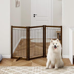 Wire Dog Gate Solid Wood Frame, Anti-Chewing, 3-Panel, 36" Height, 60" Width, Indoor Freestanding Pet Gate Foldable Wooden Dog Fences for Stairs, House, Doorway, Walnut Color