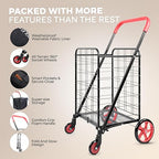 SereneLife Large Folding Utility Shopping Cart with Removable Liner – Heavy Duty, 360° Swivel Wheels, 110 lb Capacity, Portable for Groceries, Laundry, Luggage, and More (Red)