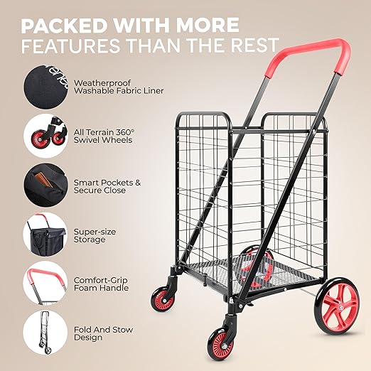 SereneLife Large Folding Utility Shopping Cart with Removable Liner – Heavy Duty, 360° Swivel Wheels, 110 lb Capacity, Portable for Groceries, Laundry, Luggage, and More (Red)