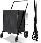 Folding Shopping Cart with Waterproof Liner, Grocery Cart Large Bag with Top Cover, 400 Lb Capacity, Utility Cart with 360° Rolling Swivel Wheels, Extra Large & Extra Basket