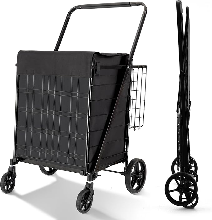 Folding Shopping Cart with Waterproof Liner, Grocery Cart Large Bag with Top Cover, 400 Lb Capacity, Utility Cart with 360° Rolling Swivel Wheels, Extra Large & Extra Basket