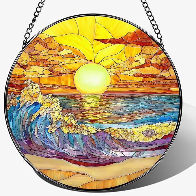 8-Inch Stained Glass Ornament, Stained Glass Window Hanging, Window Hanging Decor Suncatcher, Sunset on The Beach Ornament | Beach Gift, Gifts for Sunset Lovers, Friend, Family & Colleague