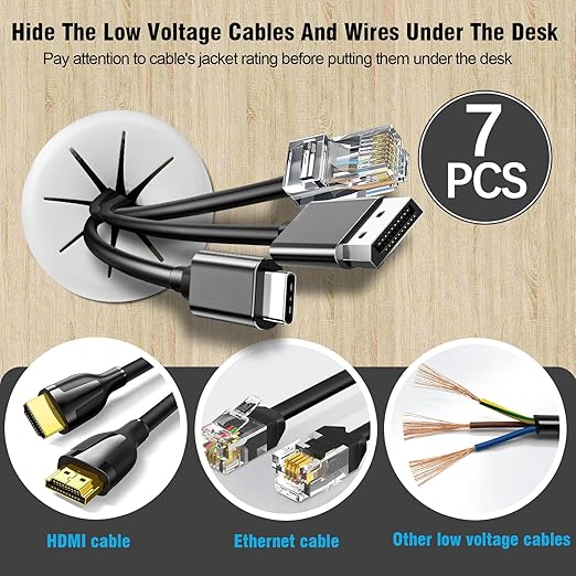 2-3/8" White Desk Grommet, JTemgle Flexible Cable Grommet with Bi-Metal Hole Saw Rubber Cable Hole Cover Wire Organizer Caps Desktop Cord Management for Home Office TV Stands Tabletops, 7 Pieces
