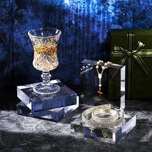Vicenpal 8 Pcs Acrylic Square Display Block Clear Polished Cube Jewelry Stand Solid Acrylic Pedestal Stand Crystal Ring Showcase Holder Display Base for Riser(3 x 3 x 1 Inch, 2 x 2 x 1 Inch)