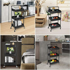 Foldable 3 Tier Metal Utility Rolling Cart, Folding Mobile Multi-Function Storage Trolley Organizer Cart for Home Library Office(Black)
