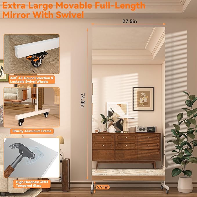 Hasipu Home Gym Mirror 360° Swivel on Wheels, 74.8" x 27.5" Extra Large Full Body Rolling Mirror for Yoga Studio, Bedroom, Dancing Studio, White