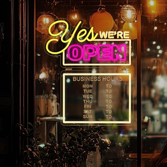 MissAudrey Yes! We Are Open Neon Signs for Business with Cycle Timer, 16.5"*19.4" LED Open Neon Sign for Wall Decor, USB Power with Business Hours Lights Up Sign for Bar Coffee Shop Restaurant Club