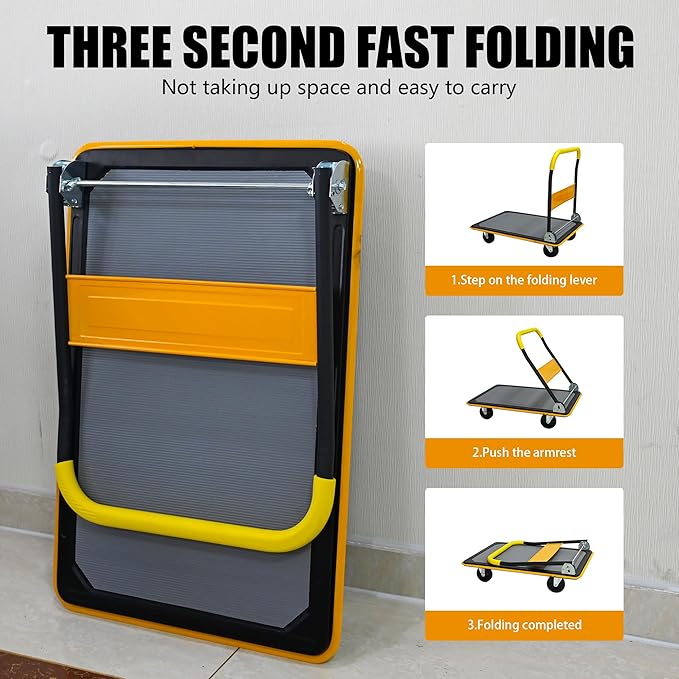 660lbs Large Size Heavy Duty Yellow Flatbed Cart, Foldable Platform Hand Truck with 360° Swivel Wheels, Steel Utility Dolly for Warehouse, Moving & Storage